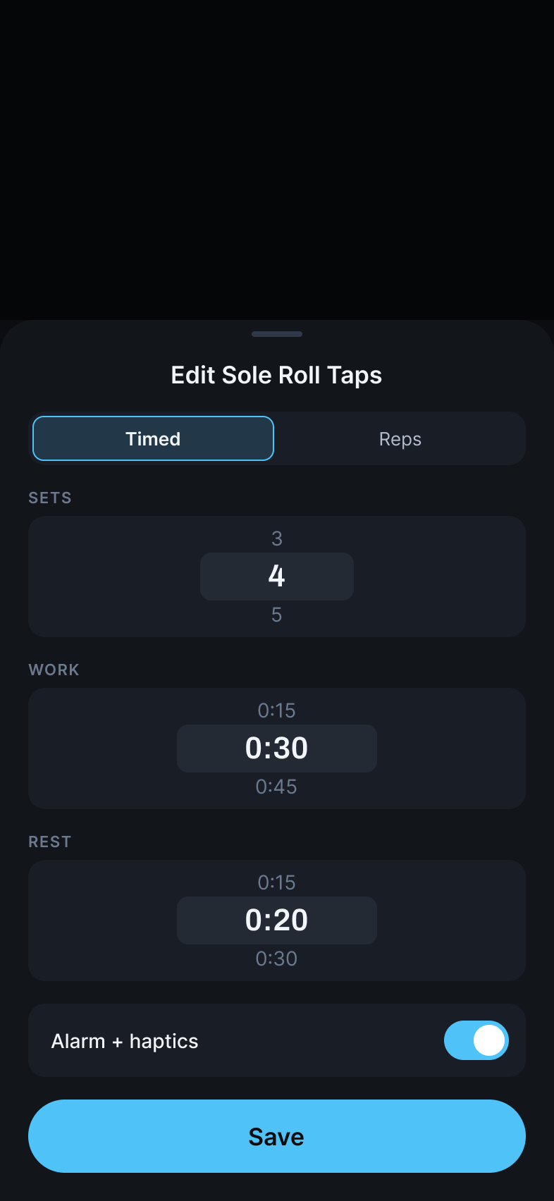 La pantalla de preparación de ejercicio de Garra para Sole Roll Taps: pestañas Timed y Reps, ruedas de 4 series, 30 segundos de trabajo, 20 de descanso, y el toggle de alarma + vibraciones.