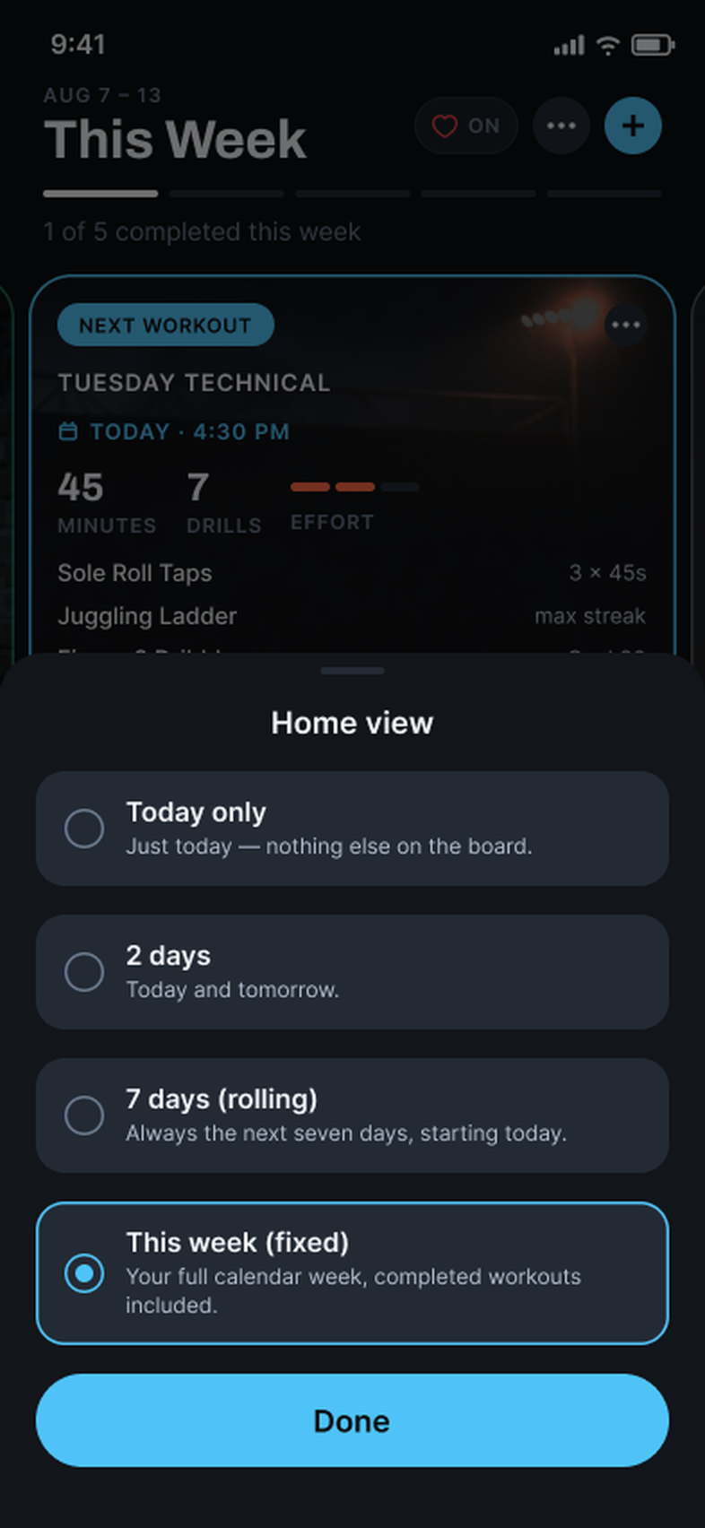 La hoja Home view de Garra con cuatro opciones — Today only, 2 days, 7 days rolling, y This week fixed, que está seleccionada.